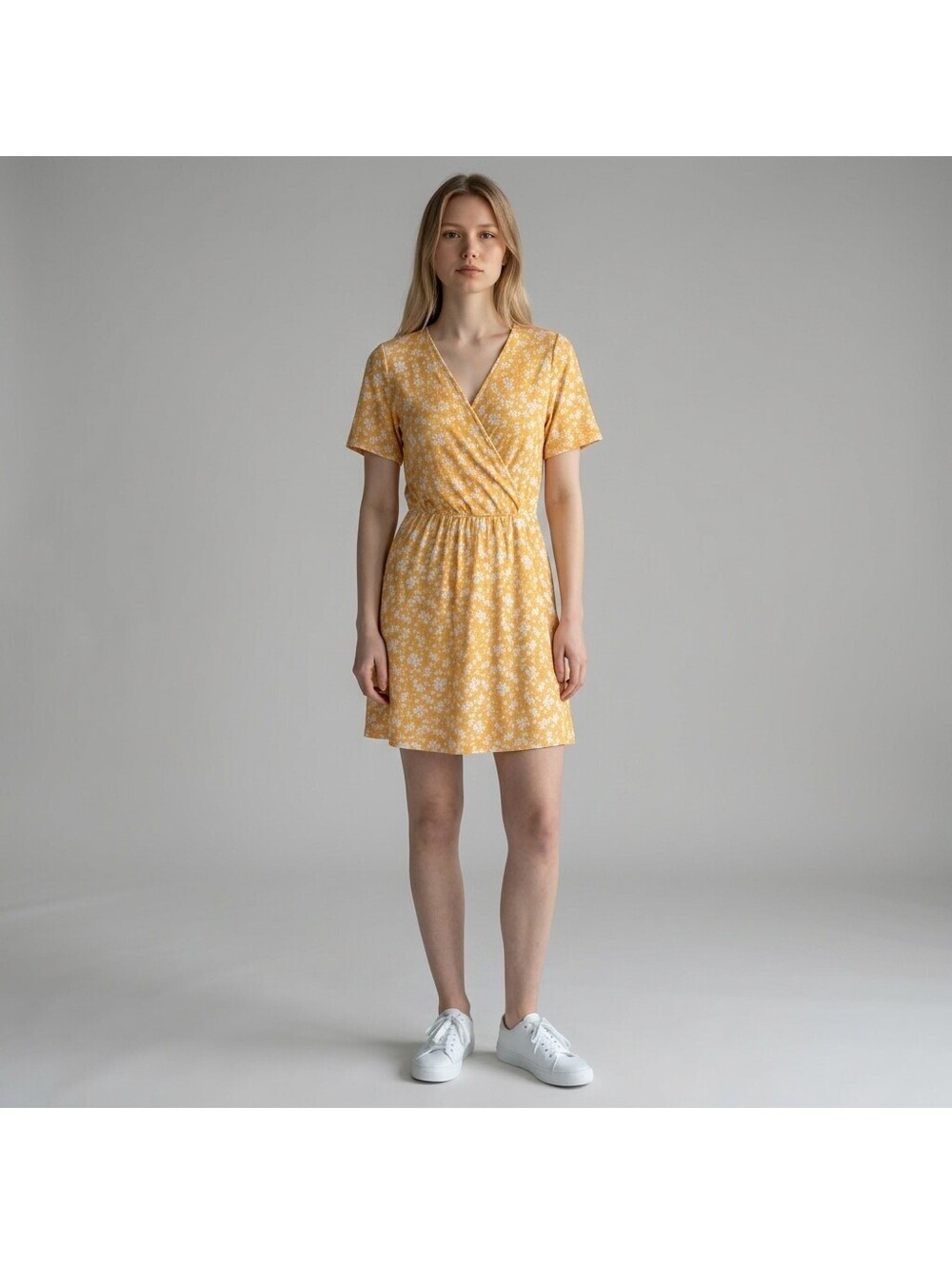 Fensace Dress Women L Large Yellow Floral Sheath Short V-Neck Short Sleeve